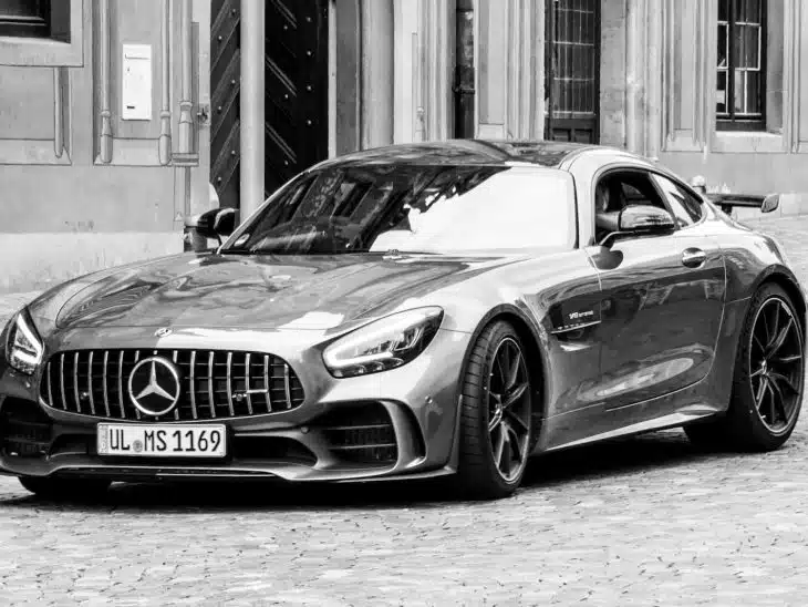 grayscale photo of mercedes benz coupe