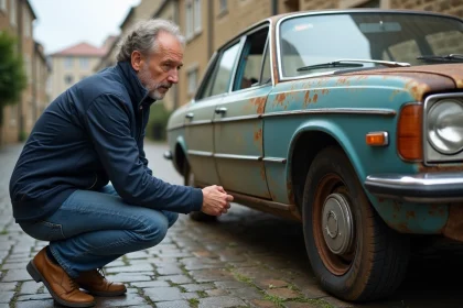 Homme inspectant la carrosserie rouillée d'une voiture ancienne dans une rue pavée, révélant des défauts cachés typiques d'un mauvais historique de véhicule