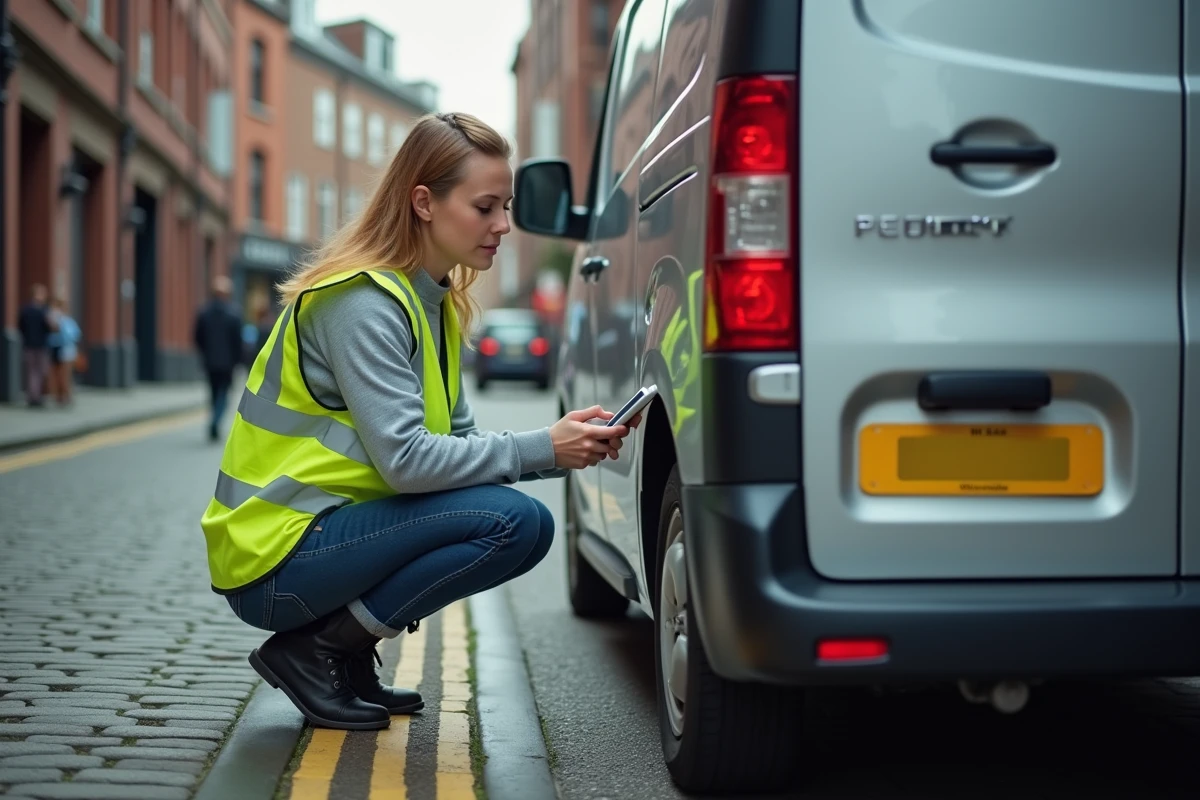 Coordinatrice logistique inspectant la longueur de carrosserie d'un Peugeot Expert en zone de livraison urbaine