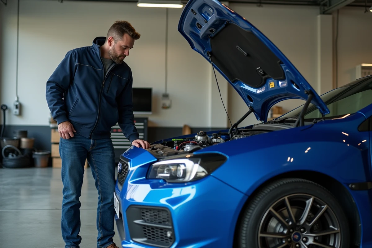 Homme inspectant le moteur d'une Subaru WRX dans un garage