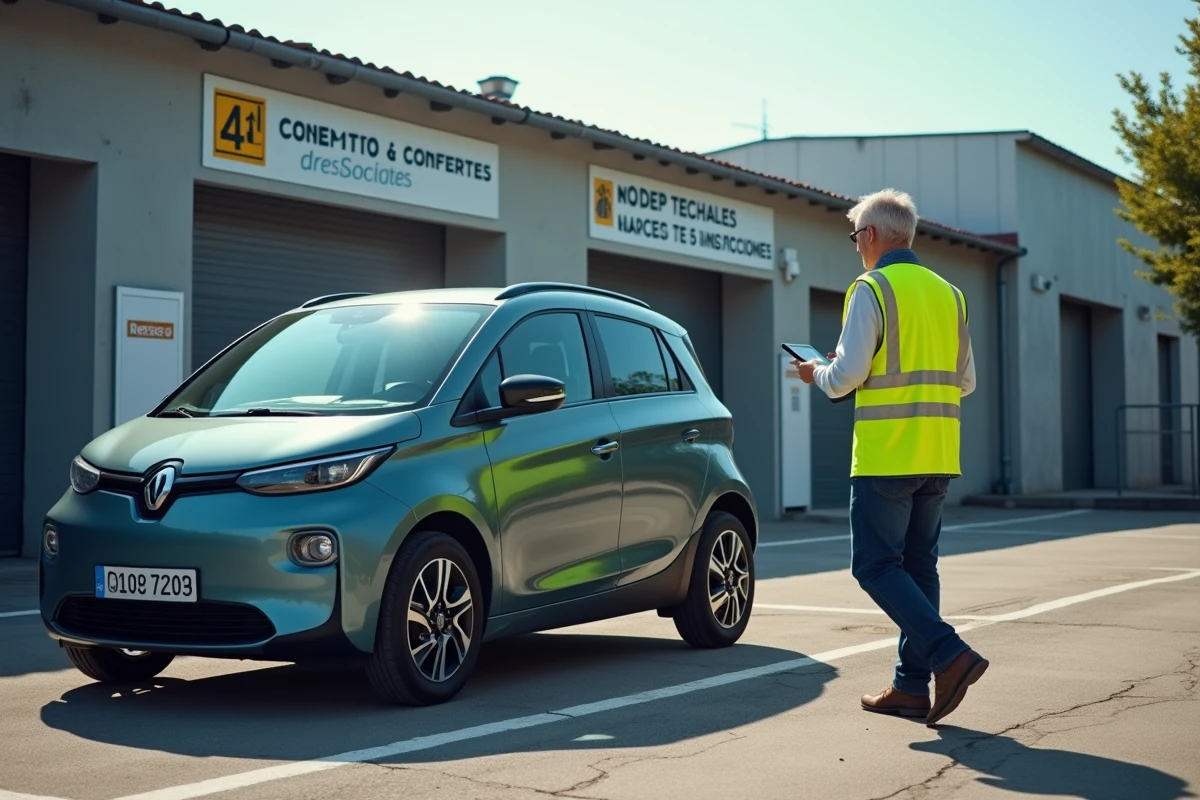 Inspecteur technique examinant un véhicule converti à motorisation électrique dans un centre de contrôle agréé pour le passage aux mines