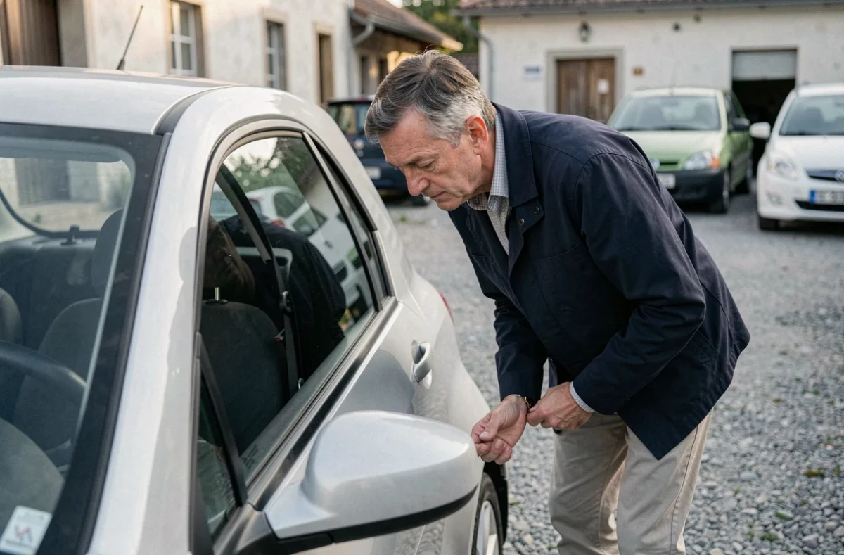 Un homme d'âge moyen inspectant une voiture sans permis d'occasion dans un lot de vente en Alsace