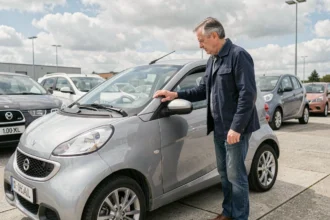 Homme inspectant une voiture sans permis d'occasion dans un concessionnaire à Rennes