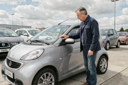 Homme inspectant une voiture sans permis d'occasion dans un concessionnaire à Rennes