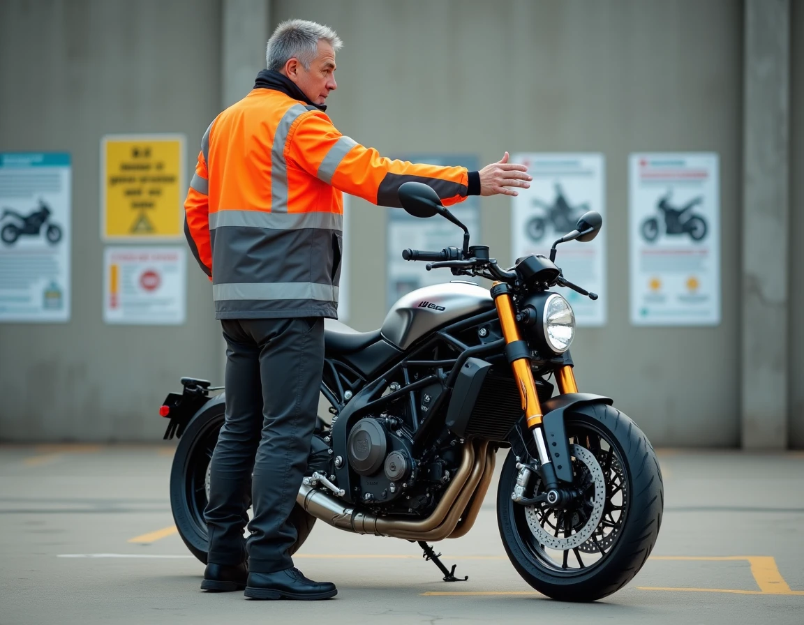 Instructeur de sécurité moto expliquant les systèmes électroniques d'une moto puissante dans un centre de formation