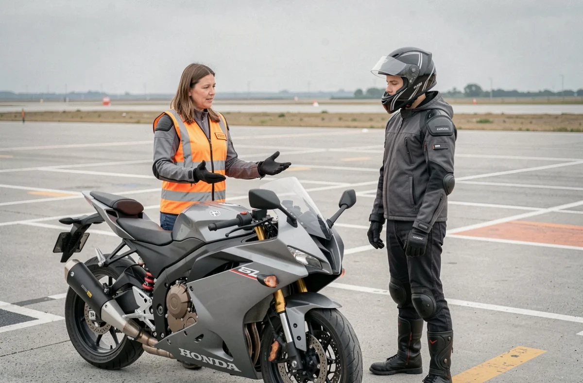 Instructrice de moto expliquant les risques d'une grosse cylindrée Honda CBR 1000 F à un élève débutant sur un circuit d'entraînement