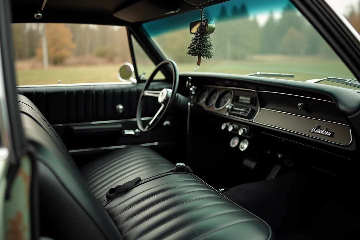 Intérieur authentiquement restauré d'une réplique de l'Impala de Supernatural avec tableau de bord d'époque et siège banquette