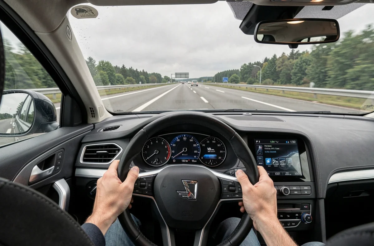Vue intérieure d'une voiture roulant à 130 km/h sur autoroute française avec tableau de bord numérique visible