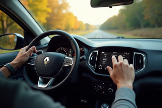 Intérieur de voiture Renault avec tableau de bord et main entrant un code