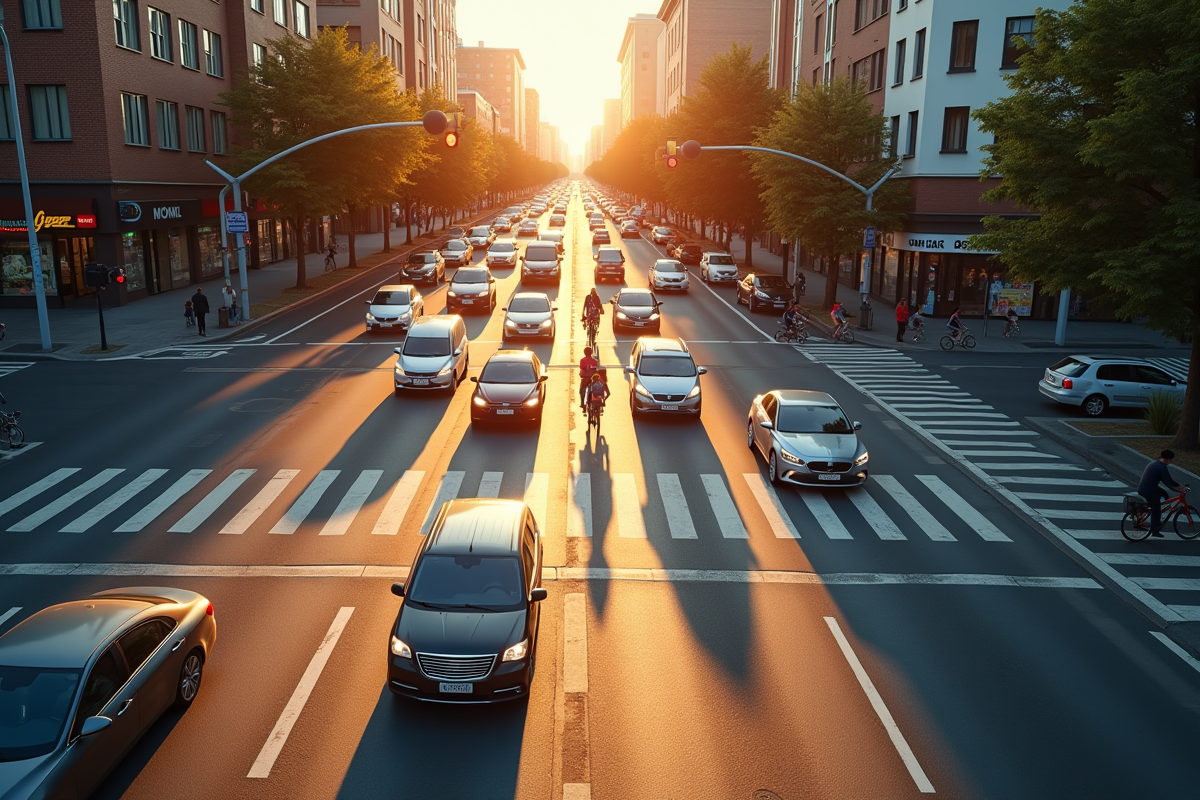 Intersection animée avec voitures et cyclistes en mouvement en ville