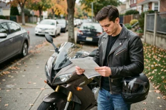 Jeune conducteur de moto consultant son contrat d'assurance moto sur le bord de la route