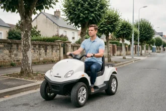 Jeune conducteur au volant d'un quadricycle léger dans une rue résidentielle française, illustrant le permis AM