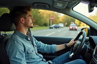Jeune homme au volant d'une voiture moderne en extérieur