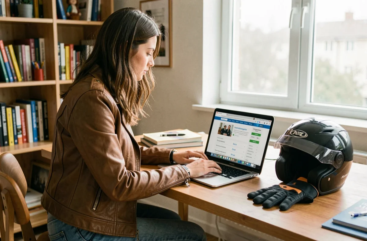 Jeune femme avec permis moto comparant des assurances sur ordinateur portable à la maison