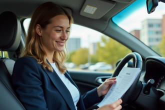Femme souriante dans sa voiture avec documents d'assurance
