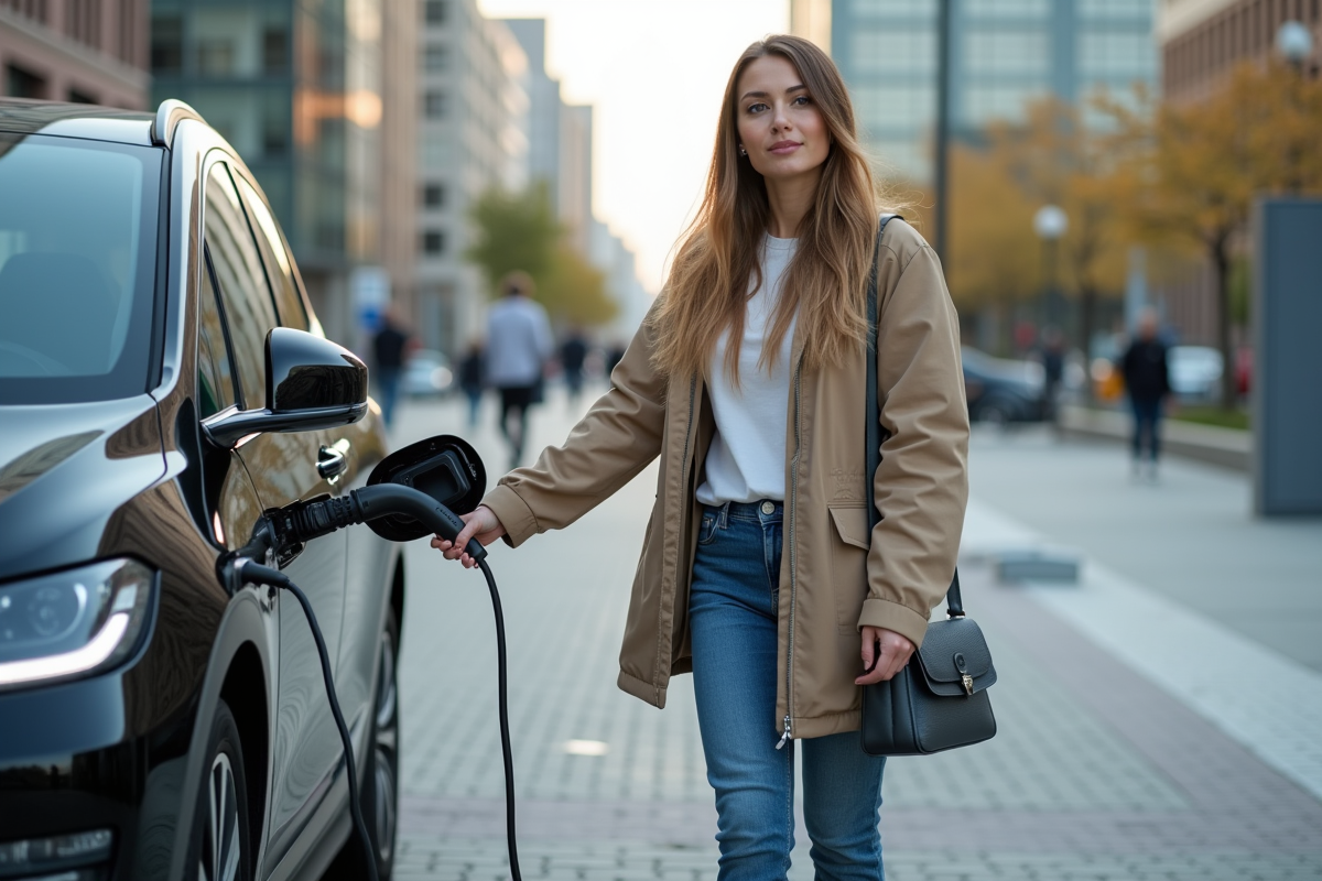 Jeune femme branche une voiture électrique moderne en extérieur
