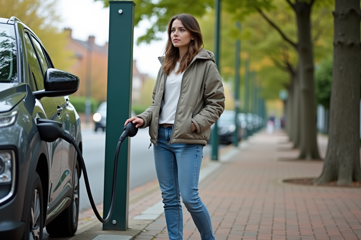 Jeune femme débranchant sa voiture hybride à une station de recharge
