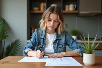 Jeune femme en denim et blanc étudie la théorie de conduite