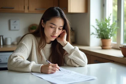 Jeune femme détendue lisant un PDF de questions de conduite