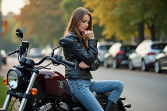 Jeune femme à moto en extérieur regardant le siège