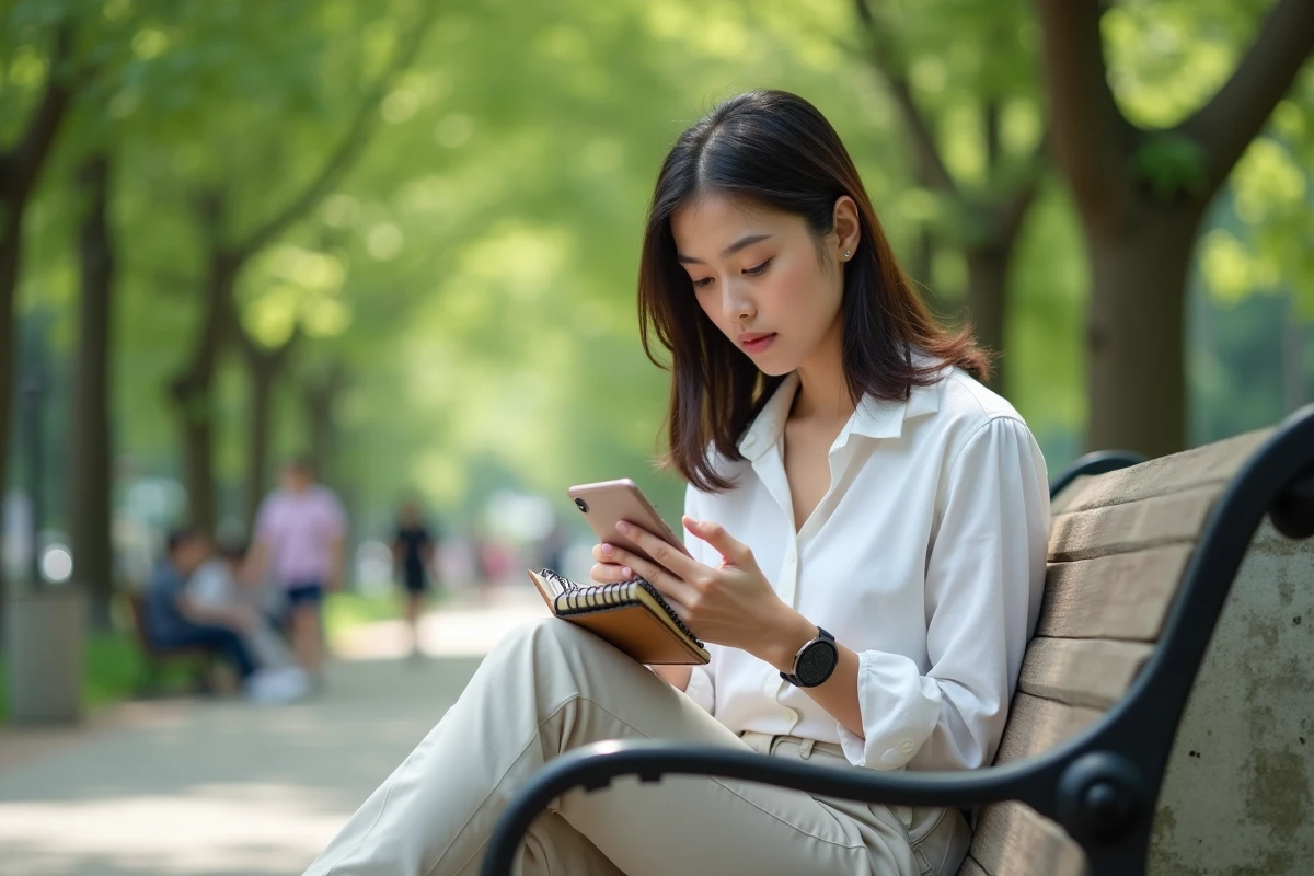 Jeune femme assise dans un parc utilisant son téléphone