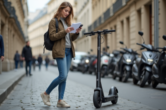 Jeune femme avec scooter et smartphone dans Paris