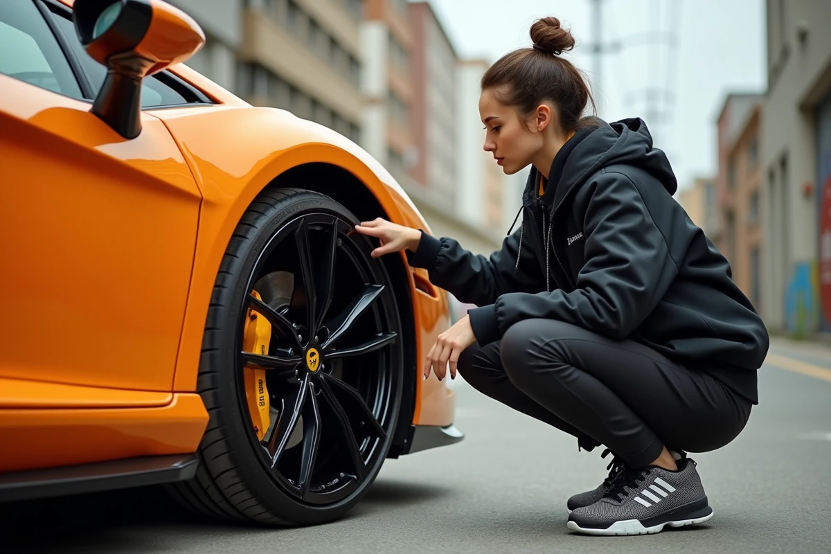 Jeune femme examine une supercar orange en ville