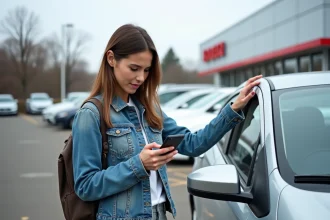 Jeune femme inspectant une voiture d'occasion dans un lot de concessionnaire avec son smartphone affichant un comparateur auto