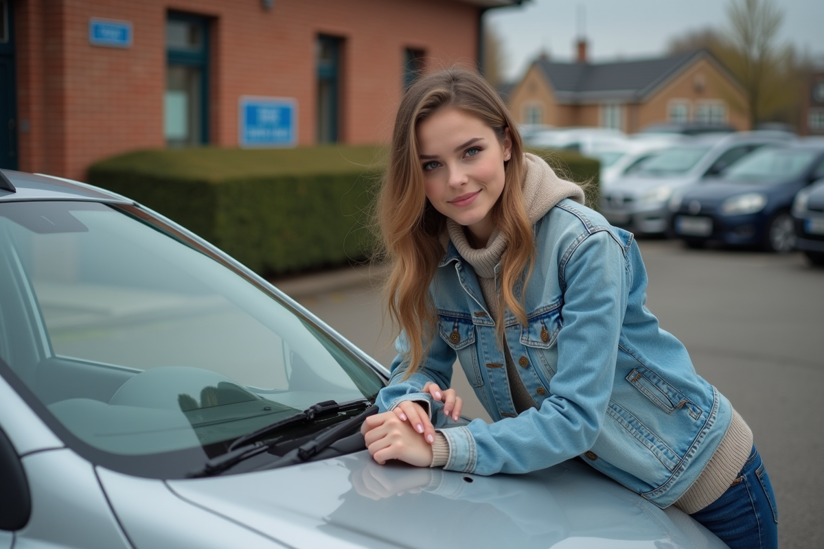 Jeune femme vérifiant ses papiers devant sa voiture