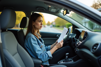 Jeune femme dans sa voiture avec documents et regard pensif