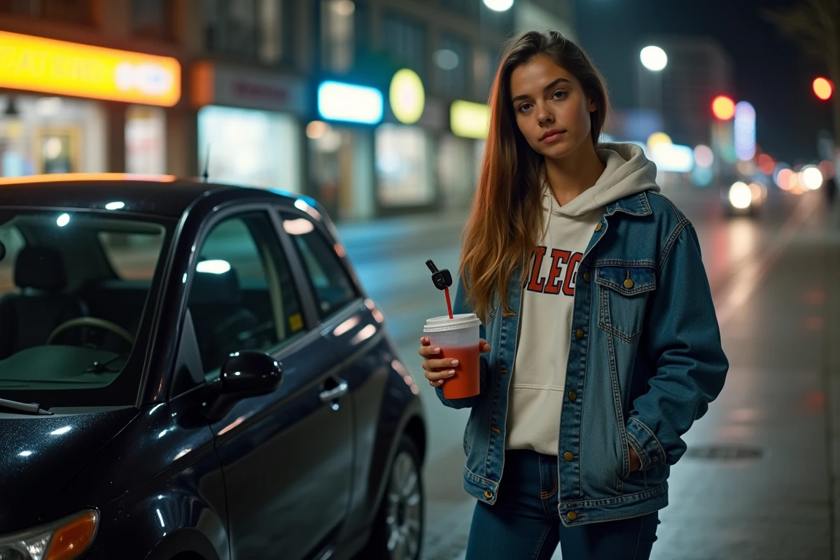Jeune femme avec clé de voiture et gobelet dans une rue urbaine