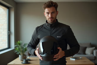 Jeune homme en veste moto ajustant son casque