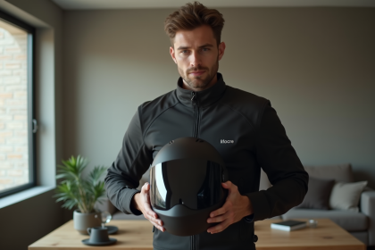 Jeune homme en veste moto ajustant son casque