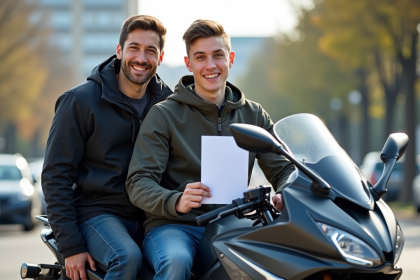 Jeune homme avec permis moto et instructeur en ville
