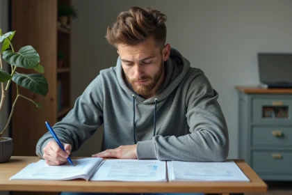 Jeune homme concentré préparant le permis de conduire