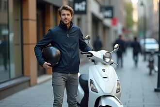 Jeune homme avec un scooter 50cc neuf blanc garé en ville, casque sous le bras
