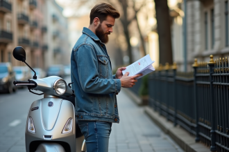 Jeune homme avec scooter et documents urbains