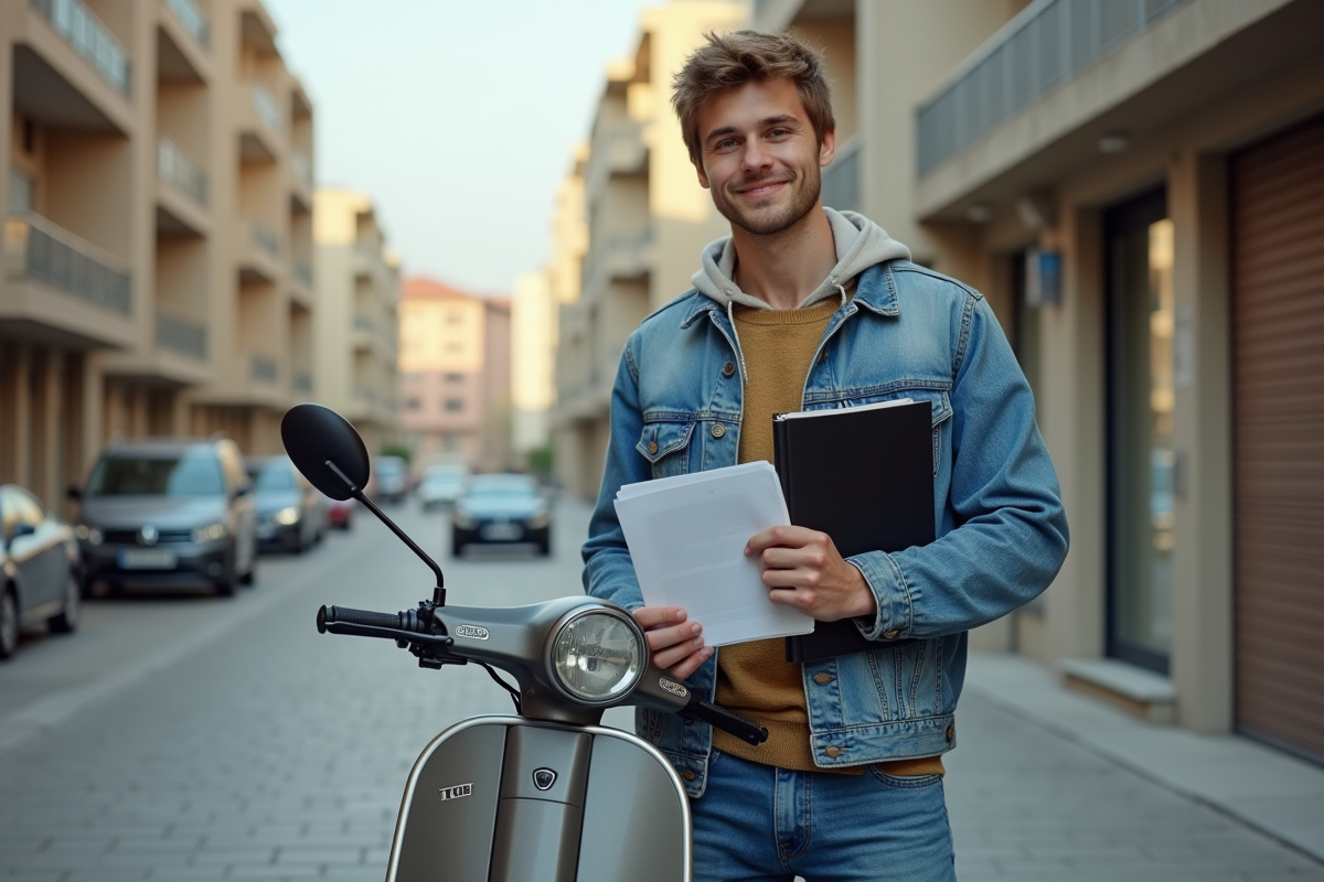 Jeune homme avec scooter en ville tenant un dossier