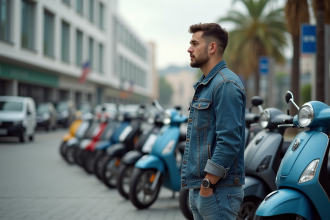 Jeune homme examine des scooters 50cc en concession