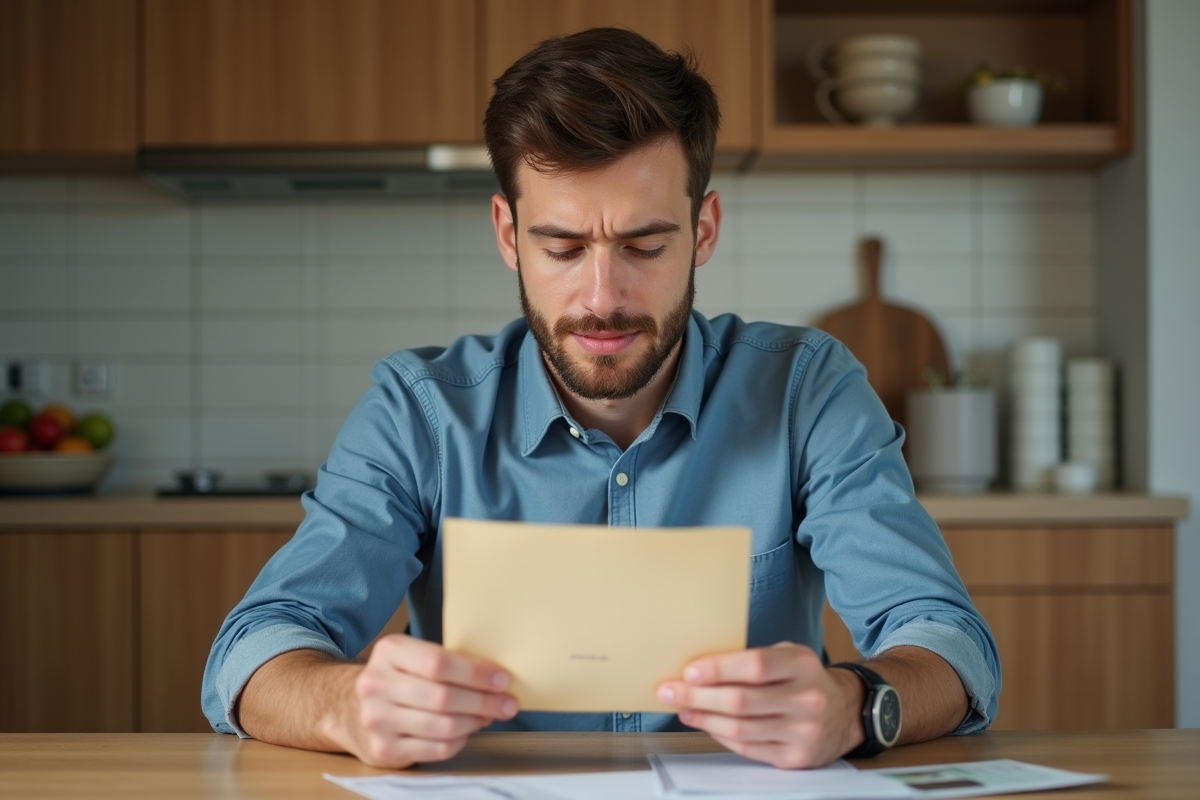 Jeune homme examine un envelope bonus à la maison