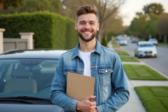 Jeune homme souriant avec document d'assurance voiture