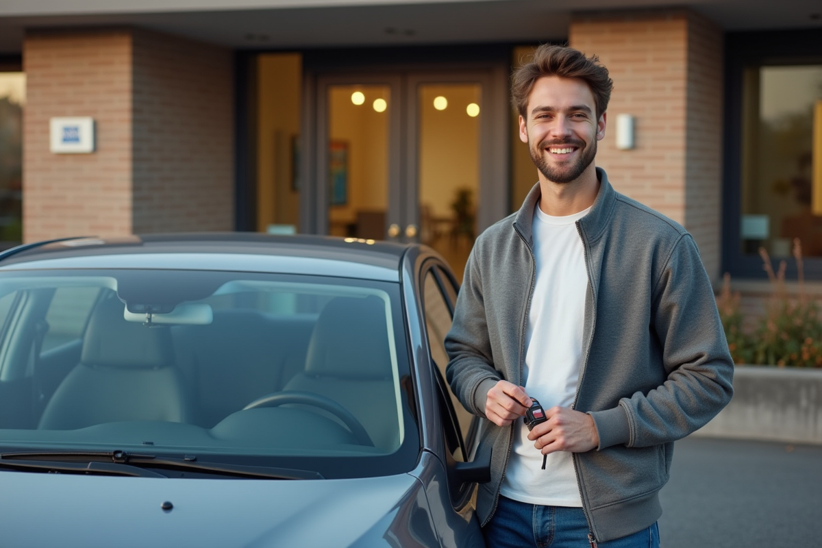 Jeune homme avec clé de voiture devant agence d