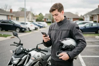 Jeune motard comparant des offres d'assurance moto sur son smartphone à côté de sa moto