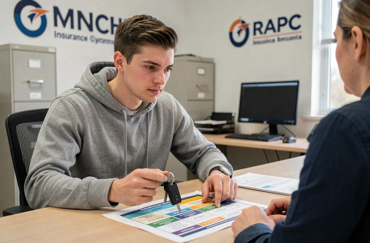 Jeune titulaire du permis moto en agence d'assurance consultant un comparatif de couvertures