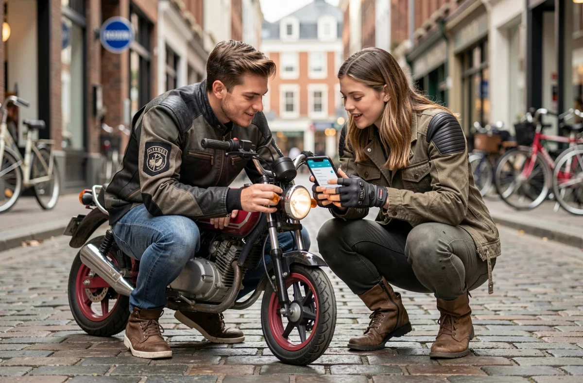 Deux jeunes motards comparant des assurances moto pour jeune permis dans une rue urbaine