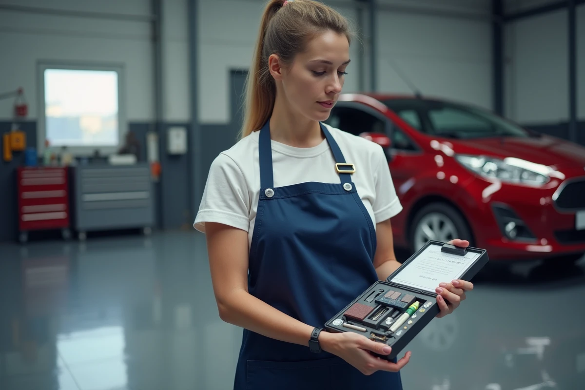 Femme tenant un kit professionnel de réparation de rayures de voiture dans un atelier de carrosserie
