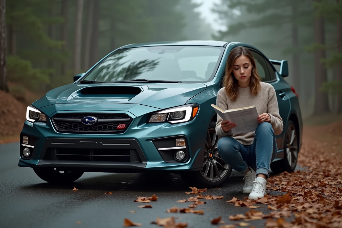 Femme lisant un manuel auto dans une Subaru en forêt