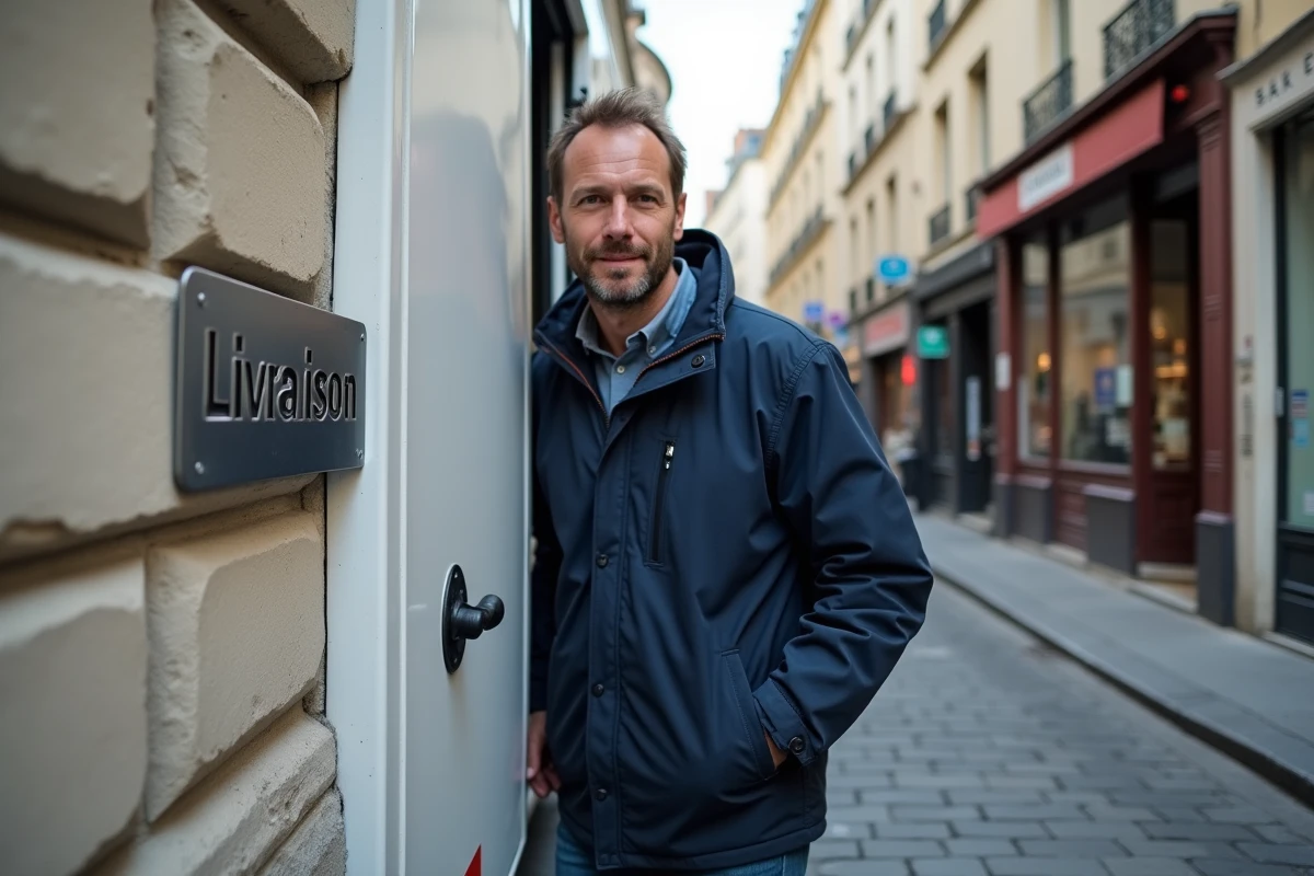 Livreur sortant de son camion garé sur une place de livraison marquée de pointillés à Paris