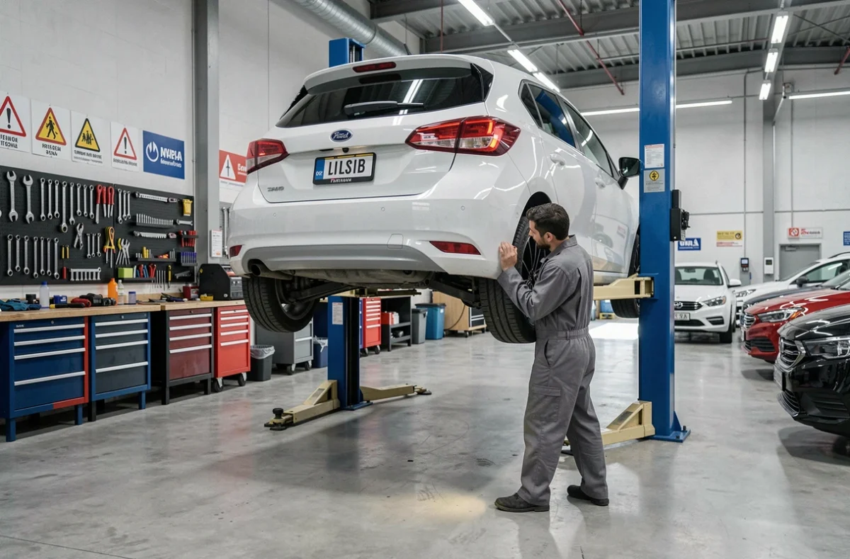Mécanicien de LM Auto Saint Ange inspectant le dessous d'un véhicule sur un pont élévateur dans un garage moderne