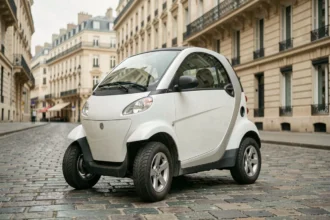 Voiture sans permis compacte garée dans une rue pavée française, idéale pour illustrer la location mensuelle de VSP